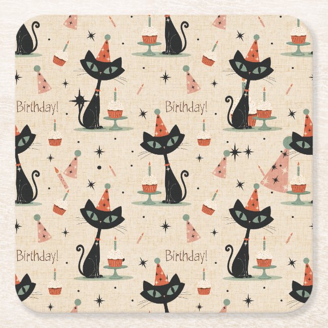     Mid-Century Atomic Cat Birthday Pattern  Square Paper Coaster (Front)