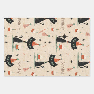 Mid-Century Atomic Cat Birthday Pattern Wrapping Paper Sheets