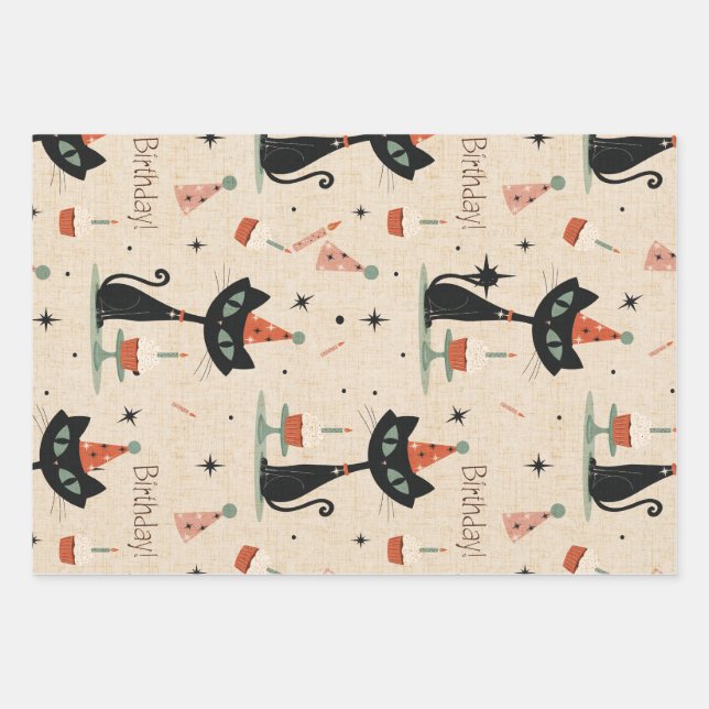     Mid-Century Atomic Cat Birthday Pattern  Wrapping Paper Sheets (Front)