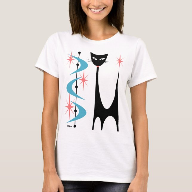 Mid Century Atomic Cat with Blue Boomerangs T-Shirt (Front)