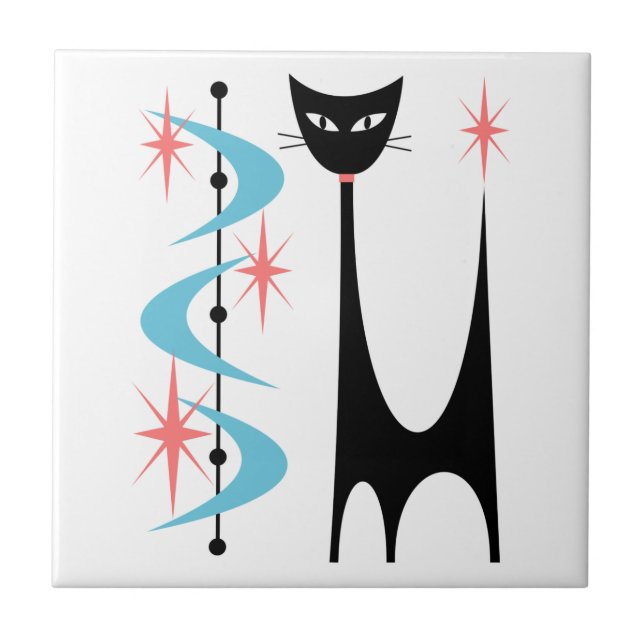 Mid Century Atomic Cat with Blue Boomerangs Tile (Front)