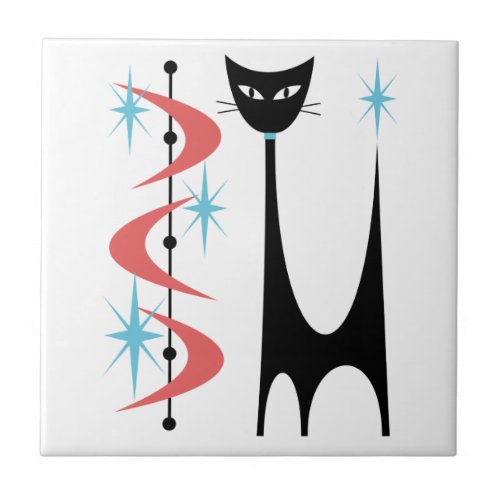 Mid Century Atomic Cat with Pink Boomerangs Tile