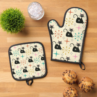 Mid Century Atomic Cat with Starbursts Oven Mitt & Pot Holder Set
