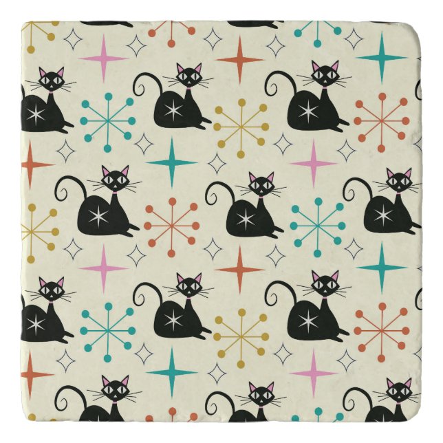 Mid Century Atomic Cat with Starbursts  Trivet (Front)