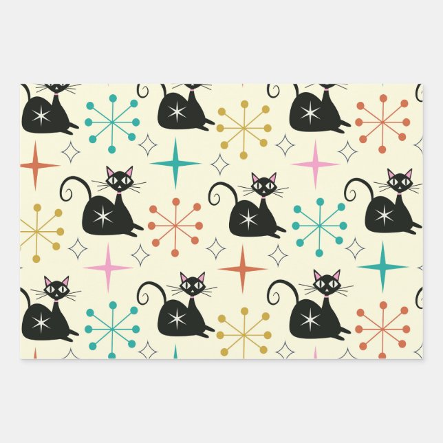 Mid Century Atomic Cat with Starbursts  Wrapping Paper Sheets (Front)