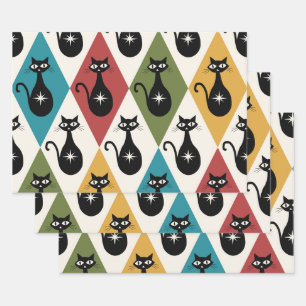 Mid Century Atomic cats on Harlequin diamonds Wrapping Paper Sheets