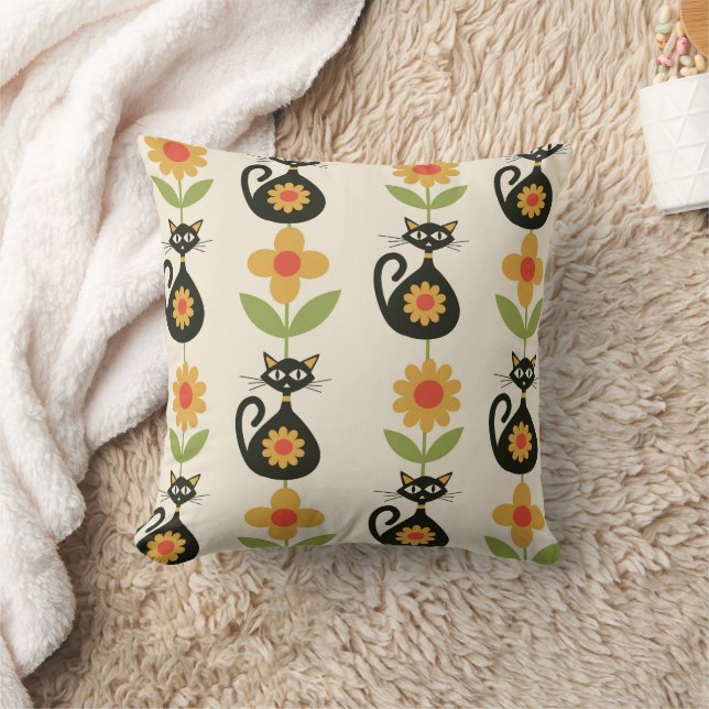 Mid Century Atomic Cats with Retro Orange flowers  Throw Pillow (Blanket)