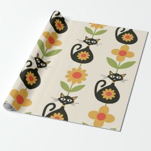 Mid Century Atomic Cats with Retro Orange flowers Wrapping Paper