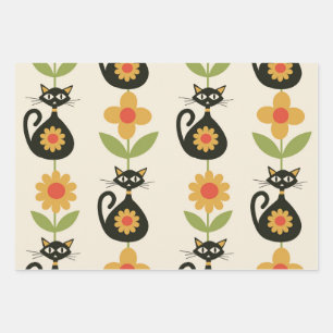 Mid Century Atomic Cats with Retro Orange flowers  Wrapping Paper Sheets