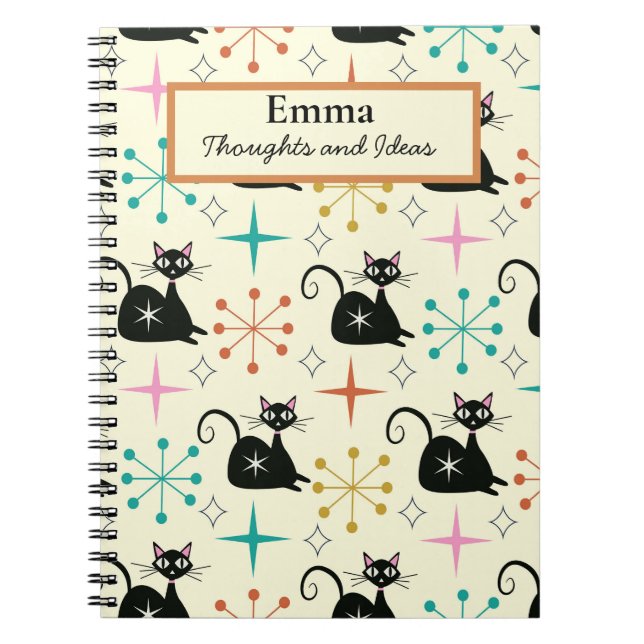 Mid Century Atomic Cats with Starbursts  Notebook (Front)