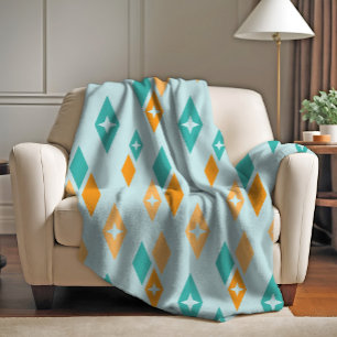 Mid Century Atomic Diamonds Aqua, Teal, Orange Fleece Blanket
