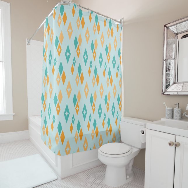 Mid Century Atomic Diamonds Aqua, Teal, Orange Shower Curtain (In Situ)