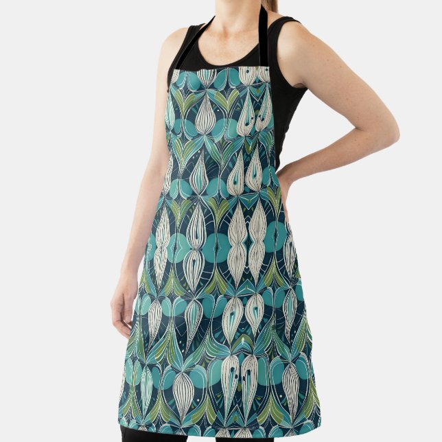 Mid Century Atomic Drops Blue Green Pattern Apron (Insitu)