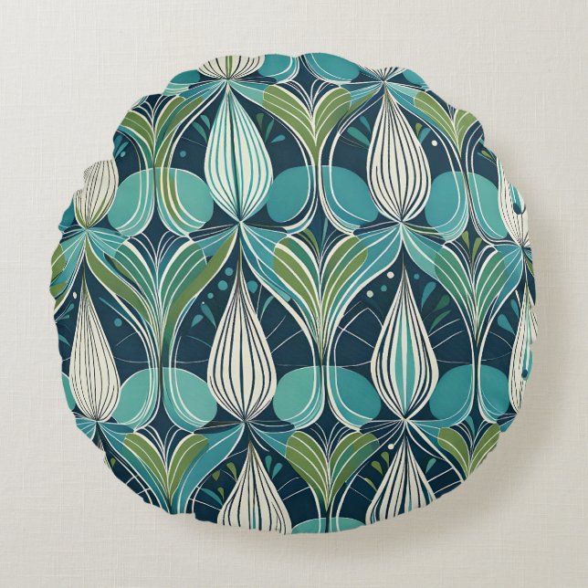 Mid Century Atomic Drops Blue Green Pattern Round Pillow (Front)