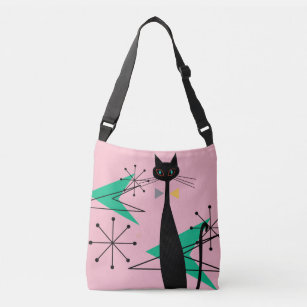 Mid Century Atomic Era Cat Starburst on Pink Crossbody Bag