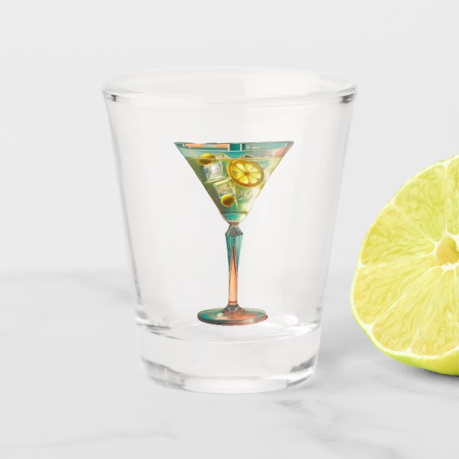 Mid Century Atomic Futuristic Lemon Olive Martini  Shot Glass (Front)