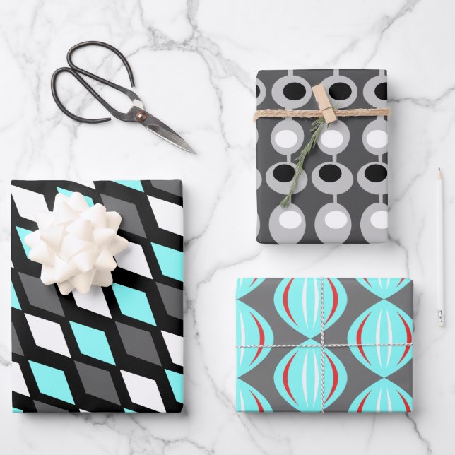 Mid-Century Atomic Gray Trio Wrapping Paper Sheets (Front)