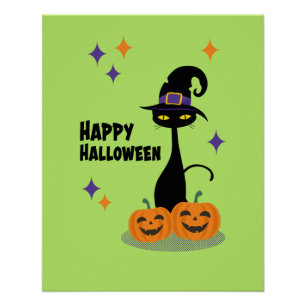 Mid-Century Atomic Halloween Cat Green Poster