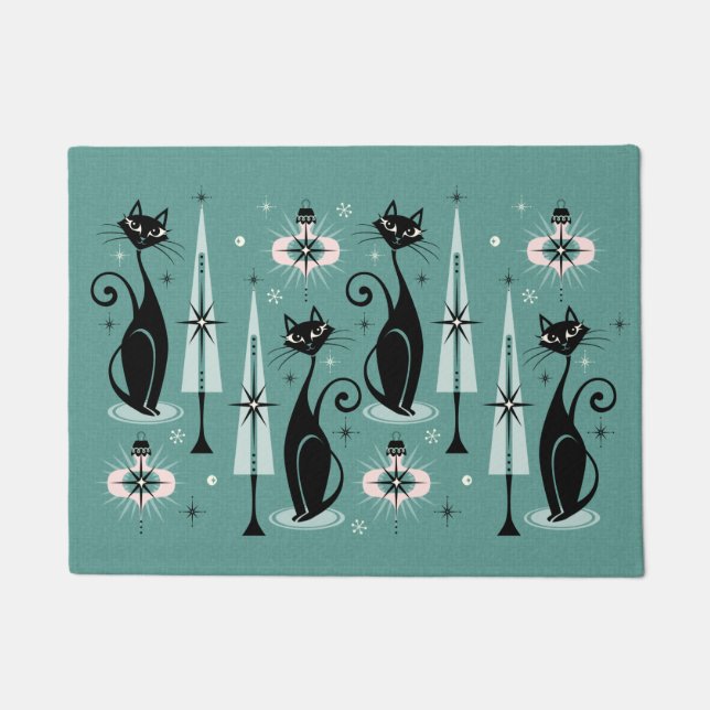 Mid Century Atomic Kitty Christmas ©studioxtine Doormat (Front)