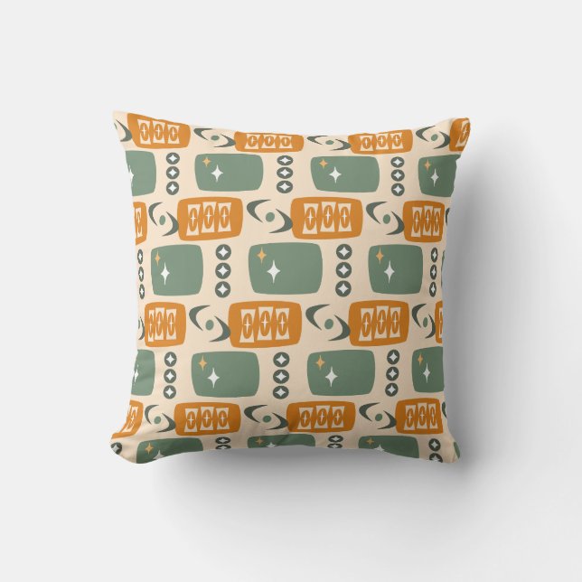 Mid Century Atomic Pattern in Green, Orange, Cream Throw Pillow (Front)