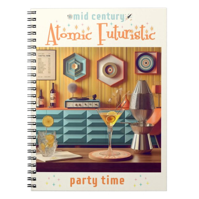 Mid Century Atomic Retro Futuristic Party Room Notebook (Front)