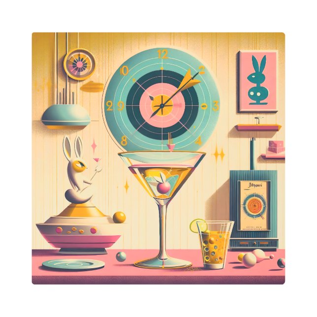 Mid Century Atomic Retro Futuristic Rabbit Martini Metal Print (Front)