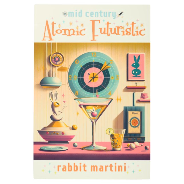 Mid Century Atomic Retro Futuristic Rabbit Martini Metal Print (Front)