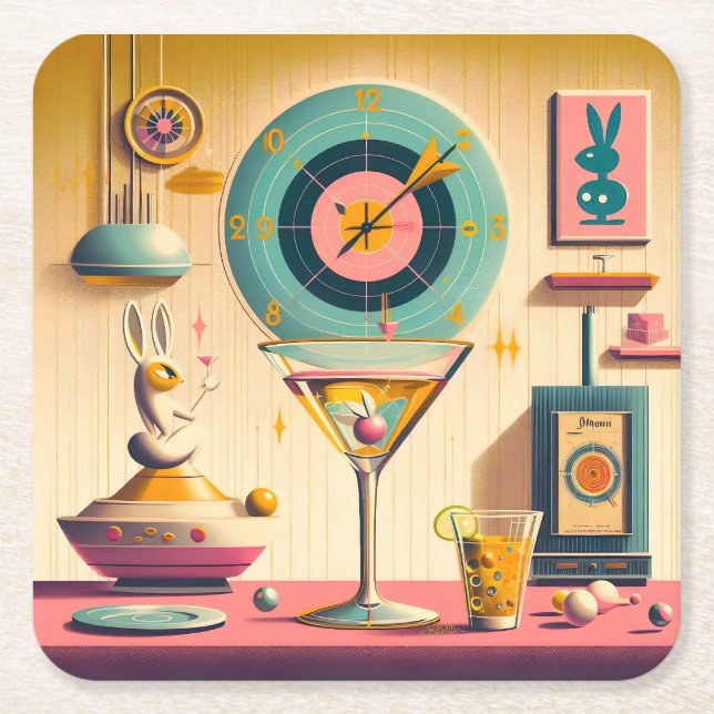 Mid Century Atomic Retro Futuristic Rabbit Martini Square Paper Coaster (Front)