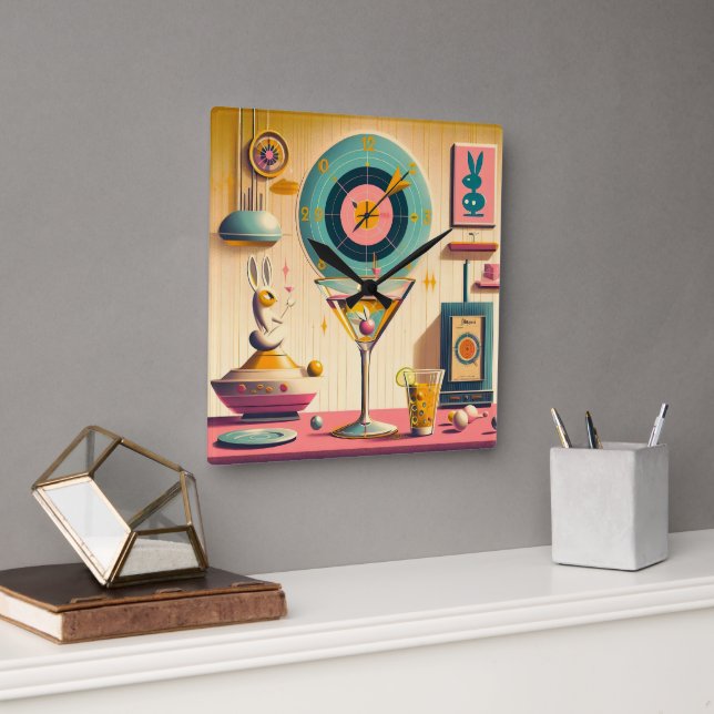 Mid Century Atomic Retro Futuristic Rabbit Martini Square Wall Clock (Office)
