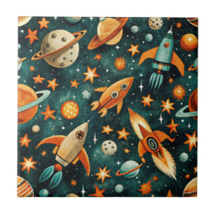 Mid Century Atomic Space Orange Teal Planet Ceramic Tile