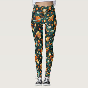 Mid Century Atomic Space Orange Teal Planet Leggings