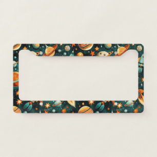 Mid Century Atomic Space Orange Teal Planet License Plate Frame