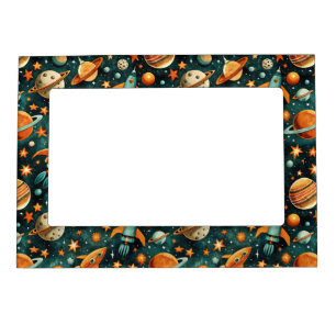 Mid Century Atomic Space Orange Teal Planet Magnetic Frame
