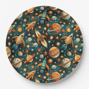 Mid Century Atomic Space Orange Teal Planet Paper Plates