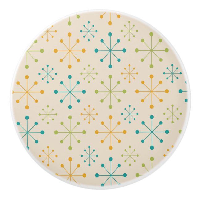 Mid Century Atomic Starburst Orange Teal Green  Ceramic Knob (Front)