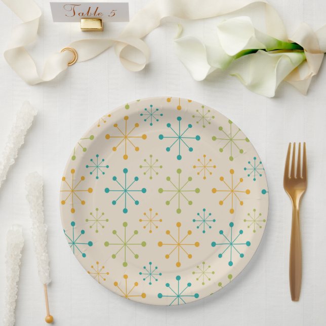 Mid Century Atomic Starburst Orange Teal Green  Paper Plates (Wedding)