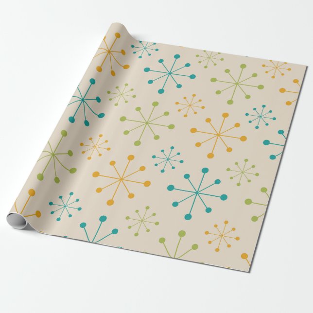 Mid Century Atomic Starburst Orange Teal Green  Wrapping Paper (Unrolled)