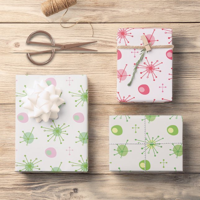 Mid Century Atomic Starburst Pattern Pink, Green Wrapping Paper Sheets (Creator Uploaded)