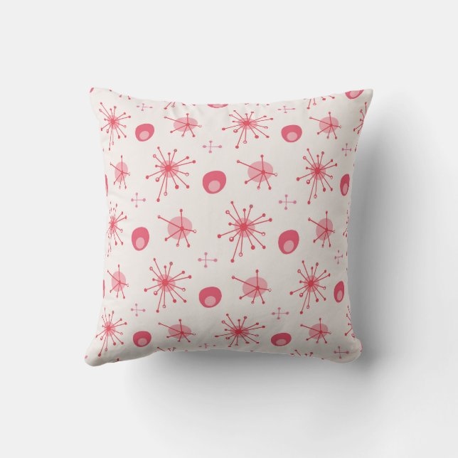Mid Century Atomic Starburst Pattern Pink, Red Throw Pillow (Back)