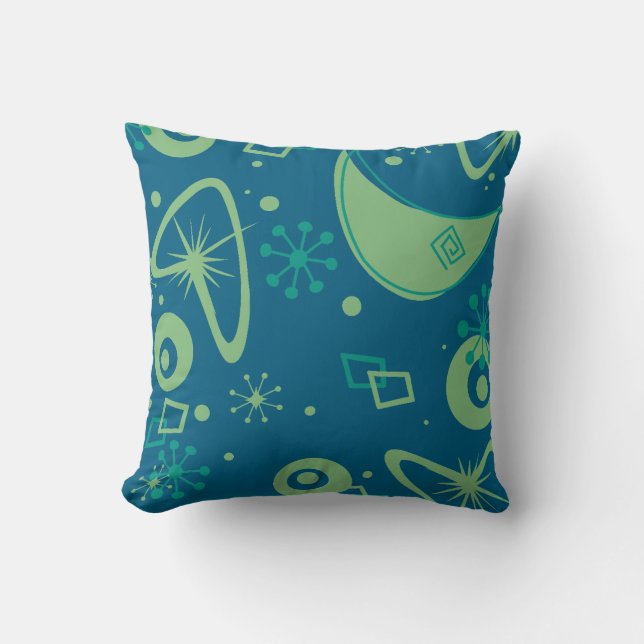 Mid Century Atomic Starburst Retro Blue Green Throw Pillow (Front)