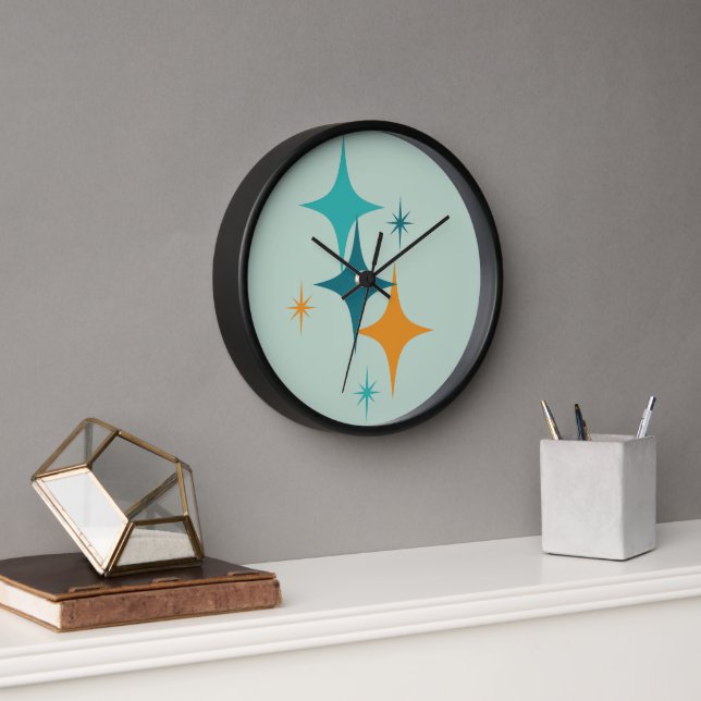 Mid Century Atomic Starburst Teal, Aqua, Orange Clock (Office)