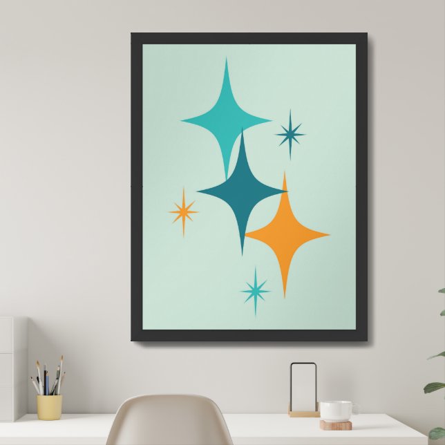 Mid Century Atomic Starburst Teal, Aqua, Orange Framed Art (Home Office)