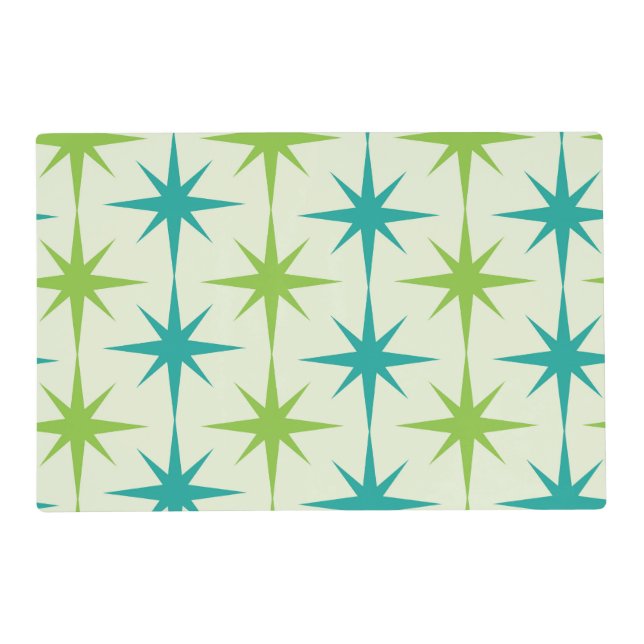 Mid Century Atomic Starbursts Green and Teal Placemat (Front)