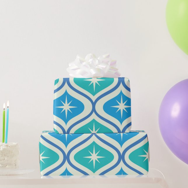 Mid Century Atomic Starbursts on Blue ogee  Wrapping Paper (Party Gifts)