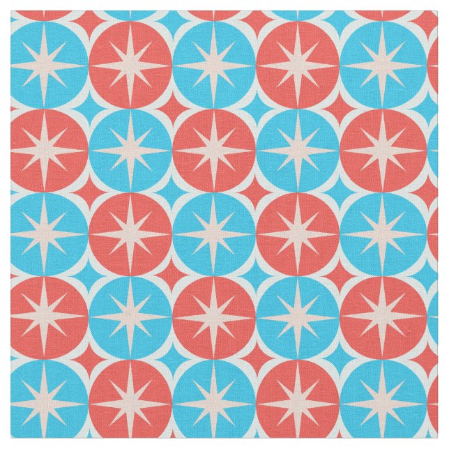 Mid Century Atomic Starbursts on Blue Red Circles Fabric (Close Up)