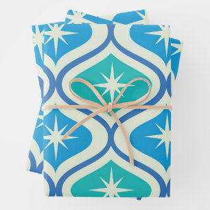 Mid Century Atomic Starbursts on Blue Teal Ogee Wrapping Paper Sheets