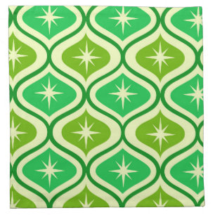Mid Century Atomic Starbursts On Green Ogee  Cloth Napkin