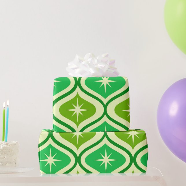 Mid Century Atomic Starbursts On Green Ogee  Wrapping Paper (Party Gifts)