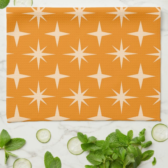 Mid Century Atomic Starbursts on Orange  Kitchen Towel (Folded)