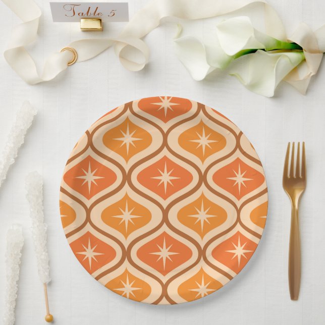 Mid Century Atomic Starbursts on Orange  Ogee  Paper Plates (Wedding)
